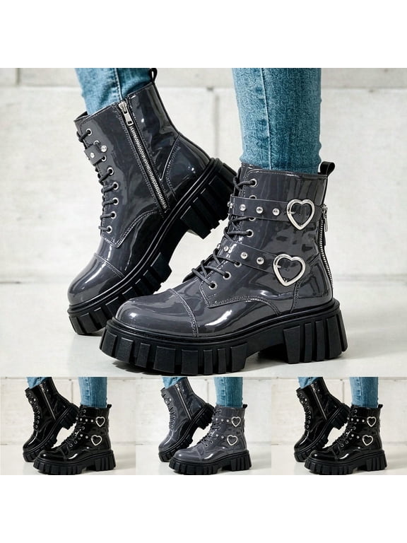Women's Combat Booties Patent Leather Heart Buckle Rivet Strap Lace Up Side Zipper Platform Ankle Boots