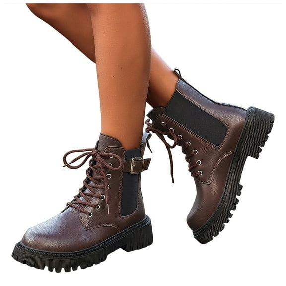 Women's Combat Boots Classic Lace Up Mid Calf Boots Low Heel Chunky Platform Lug Sole Riding Booties
