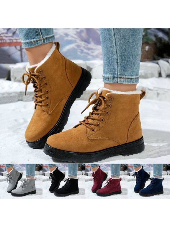 Women's Combat Boots Faux Suede Fleece Lined Lace Up Lug Sole Non Slip Snow Boots Winter Ankle Booties
