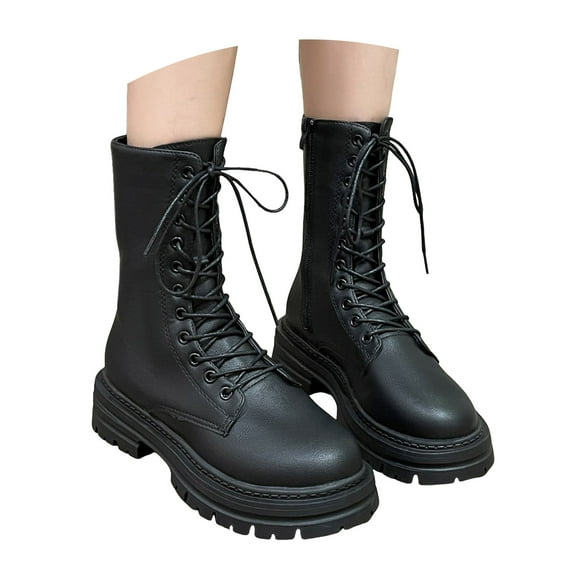 Women's Combat Boots Lace up Mid Calf Boots Low Heel Chunky Platform Lug Sole Riding Boots for Women
