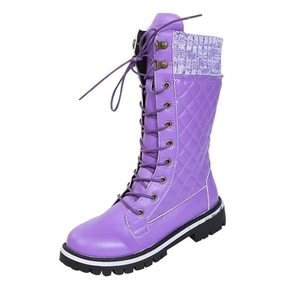 Women's Combat Boots Mid Calf Lace Up Fashion Boots Low Block Heel Riding Boots Round Toe Side Zipper Fall Boots Purple 8