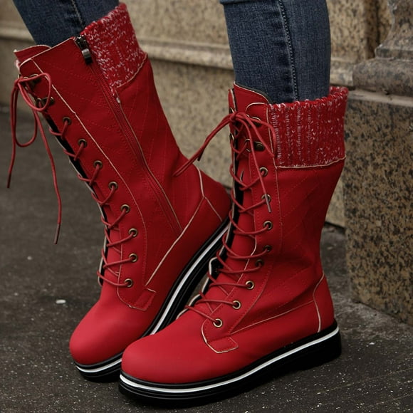 Women's Combat Boots Mid Calf Lace Up Fashion Boots Low Block Heel Riding Boots Round Toe Side Zipper Fall Boots Red 7
