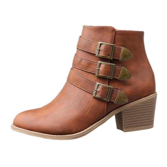Women's Combat Chunky Heel Boots Fashion Side Zipper Buckle Ankle Booties,Color:Brown,Size:7.5