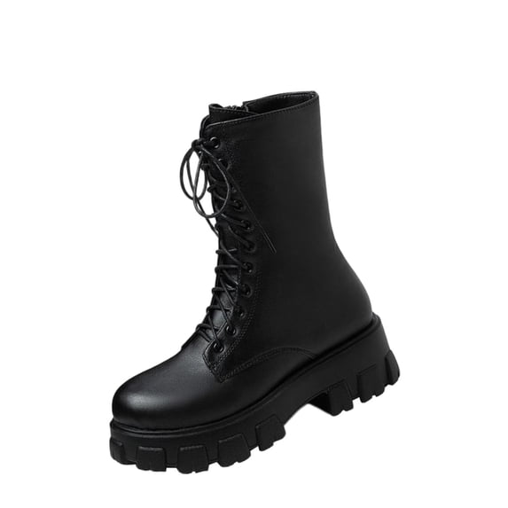 Women's Combat Platform Boots Chunky Lace Up Booties Mid Calf Lug Sole Closed Round Toe Side Zipper Fashion Festival Heeled Boot