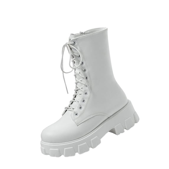 Women's Combat Platform Boots Chunky Lace Up Booties Mid Calf Lug Sole Closed Round Toe Side Zipper Fashion Festival Heeled Boot