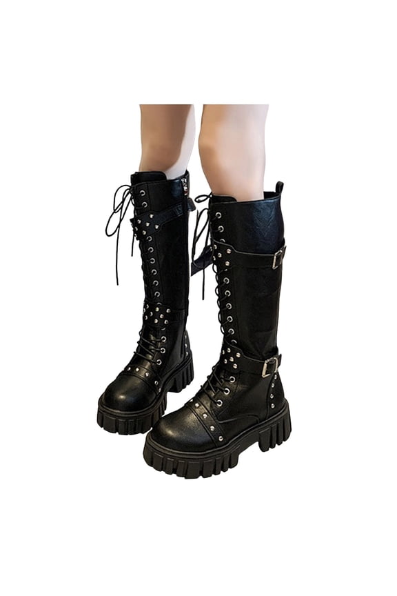 Women's Combat Riding Platform Knee High Boots Lace Up Fall Lug Sole Gothic Motorcycle Booties