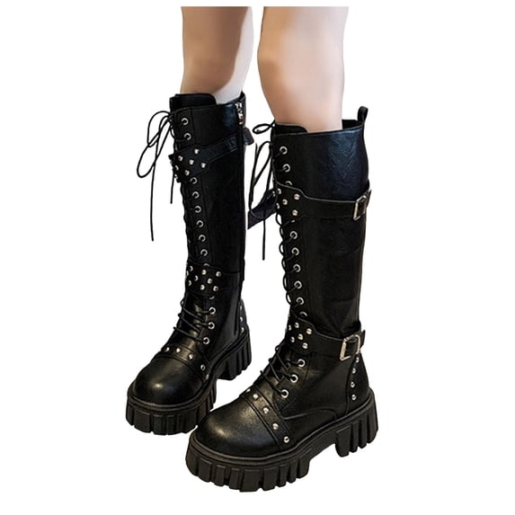 Women's Combat Riding Platform Knee High Boots Lace Up Fall Lug Sole Gothic Motorcycle Booties