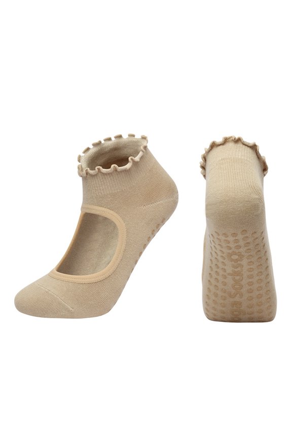 Women's Combed Cotton Backless Yoga Socks, Professional Anti-Slip Pilates Grip Socks for Fitness Dance and Workout Exercises, Brown, One Size