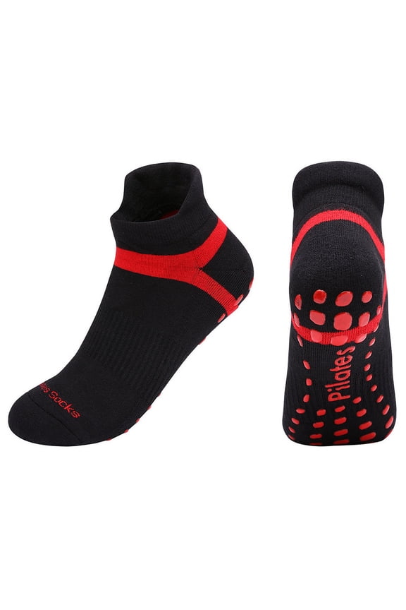 Women's Combed Terry Pilates Socks - Non-Slip, Suitable for Studio Training/Trampoline/Fitness/Yoga, Red, Size S (35-39)