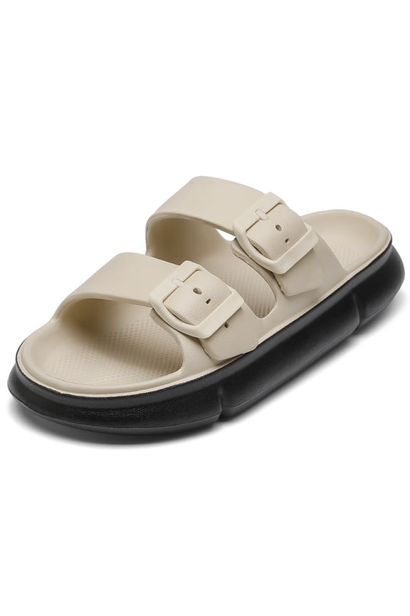 Women's Comfort Adjustable Double Buckle Flat Sandals Lightweight Footbed Slip on EVA Slippers