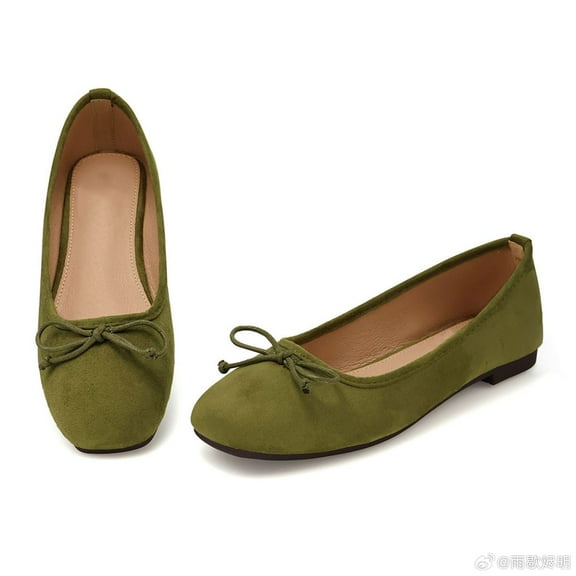 Women's Comfort Ballet Flats, Square Toe Slip-on Dress Shoes with Bow, Microsuede, Flexible Rubber Sole, Slip-on, Anti-skid, Army Green, Size 7.5