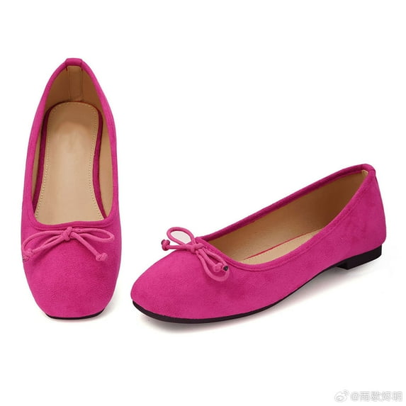 Women's Comfort Ballet Flats, Square Toe Slip-on Dress Shoes with Bow, Microsuede, Flexible Rubber Sole, Slip-on, Anti-skid, Hot Pink, Size 11.5