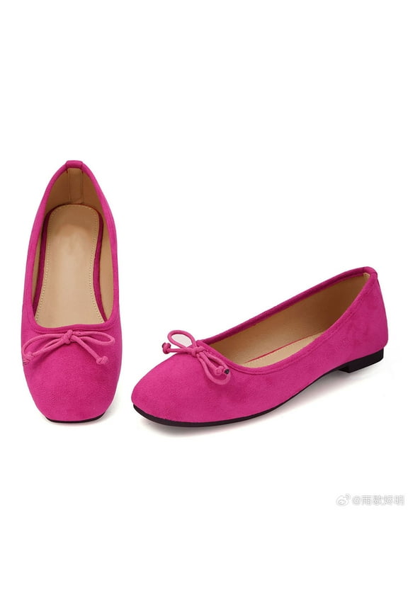 Women's Comfort Ballet Flats, Square Toe Slip-on Dress Shoes with Bow, Microsuede, Flexible Rubber Sole, Slip-on, Anti-skid, Hot Pink, Size 7