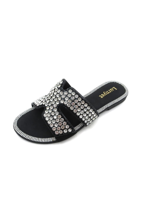 Women's Comfort Cushion Crystal Rhinestone Slide Sandals X-Band Design Glitter Embellished