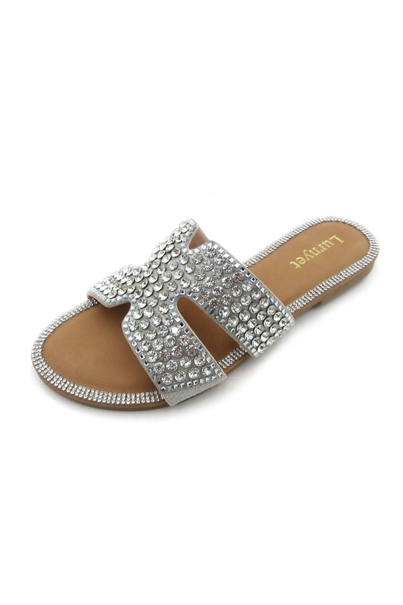 Women's Comfort Cushion Crystal Rhinestone Slide Sandals X-Band Design Glitter Embellished