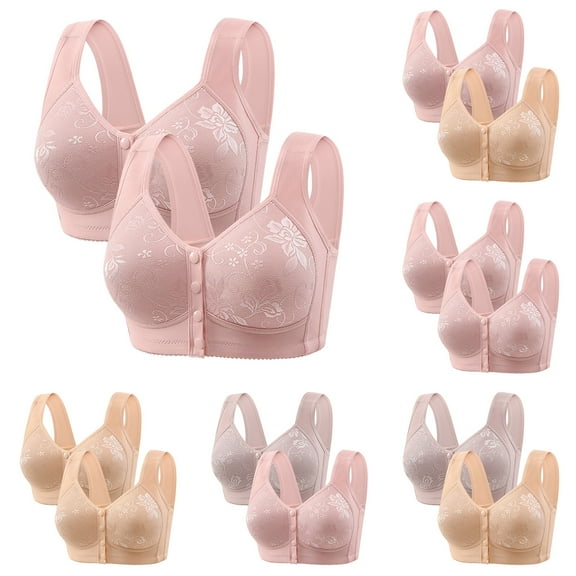 Women's Comfort Front Close Cotton Sports Bra - Women's Non Steel Ring Style Printed Gathered Middle Button Breathable Underwear Daily Bra - Gray