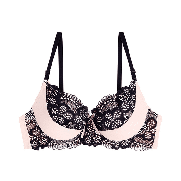 Women's Comfort Push Up Padded Bra - Lace Color Contrast Underwire Adjustable Sweet Feminine Bra Pink 34