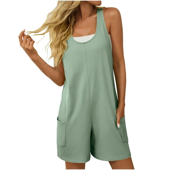 Women's Comfort Sleeveless Romper - Racerback Cotton Jumpsuit with Pockets, Loose Beach Shorts Overalls for Vacation (Breathable & Stretchy)