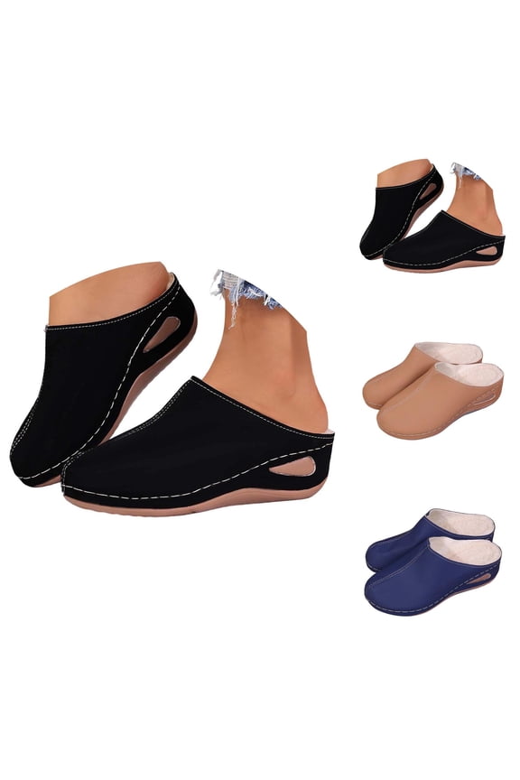 Women's Comfort Slip-On Clogs, Black Suede, Casual Indoor Outdoor Mules with Contrast Stitching, Ergonomic Design For Indoor And Outdoor Cozy Lined Shoes With Sloped Heel Comfortable Warm Soft Sole