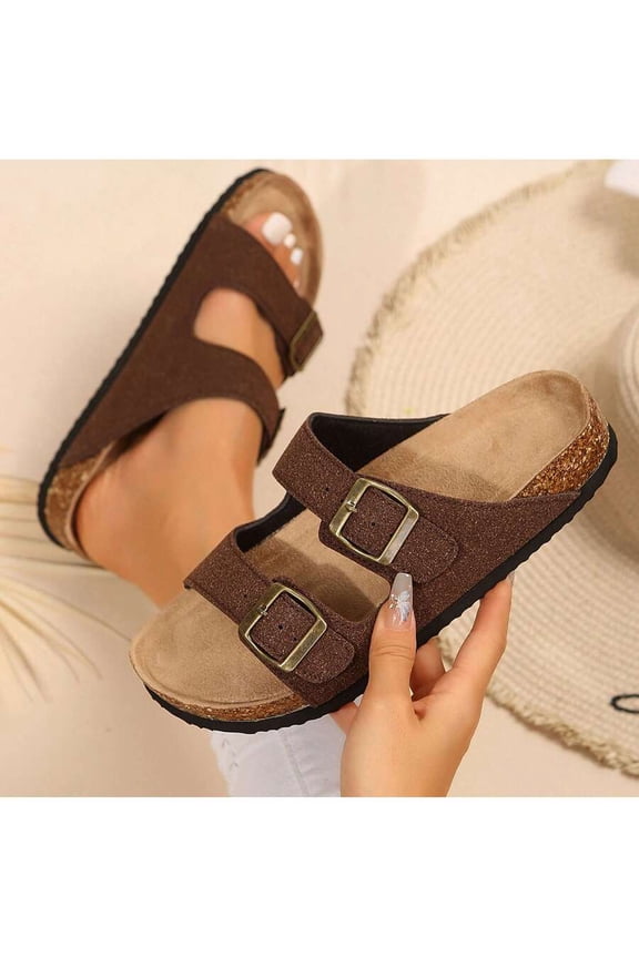 Women's Comfort Straps Adjustable Buckle Slip On Sandals Slide Cork Footbed Sandals