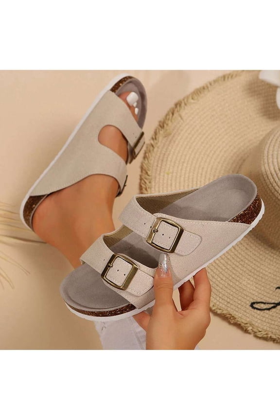Women's Comfort Straps Adjustable Buckle Slip On Sandals Slide Cork Footbed Sandals