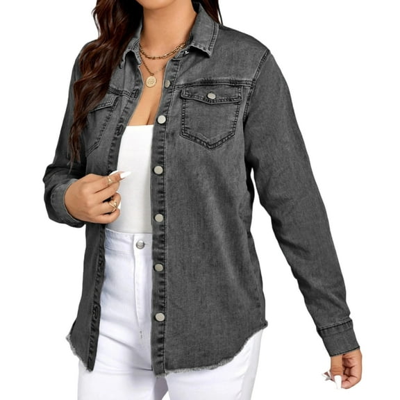 Women's Comfort Stretch Denim Button-Up Shirt-M