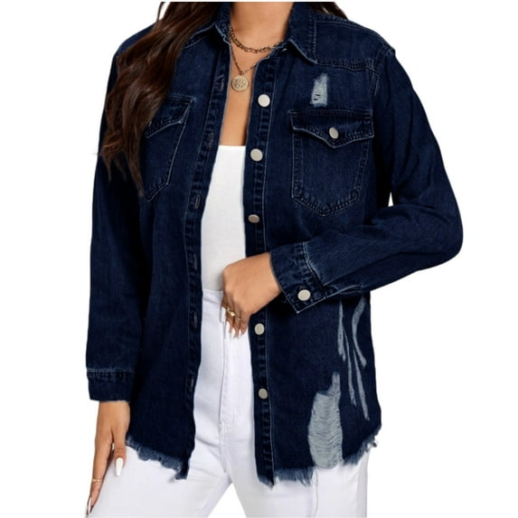 Women's Distressed Denim Shirt, Button-Up Shirt-M