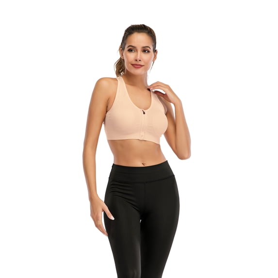 Women's Comfort Workout Sports Bra Low-Impact Activity Sleep Bras with Zipper, Beige, S