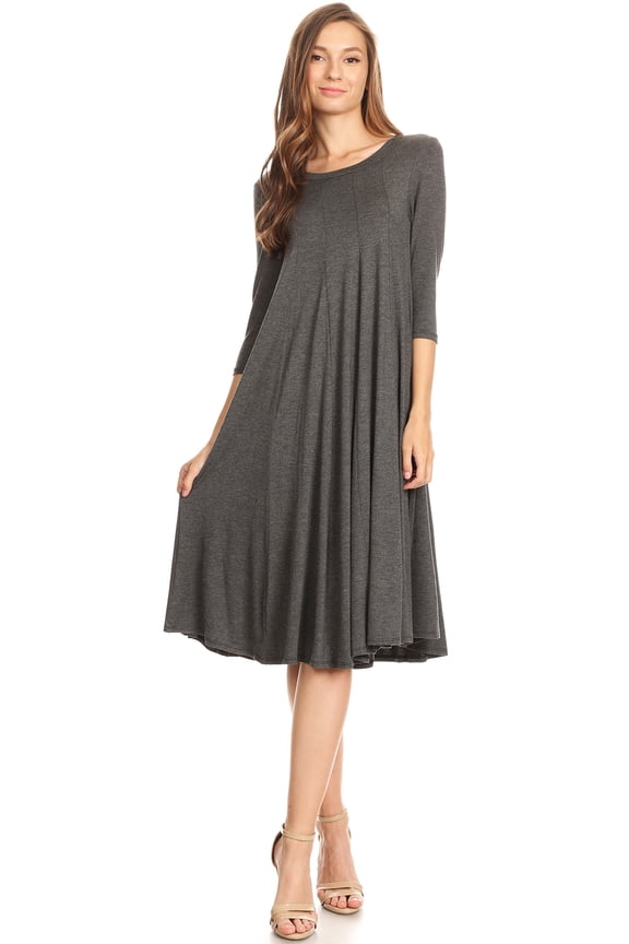 Women's Casual Relexed Fit 3/4 Sleeve Jersey Knit A-Line Solid Midi Dress