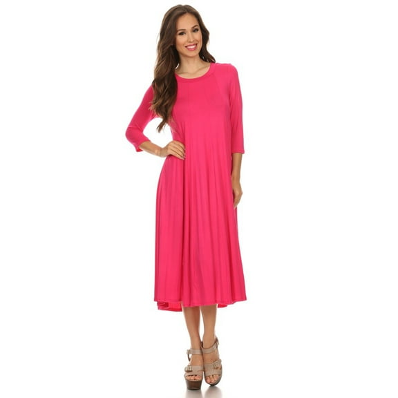 Women's Comfortable 3/4 Sleeve Midi Dress – Solid A-Line Casual Fit