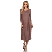 Womens Comfortable 3/4 Sleeve Midi Dress   Solid A-Line Casual Fit