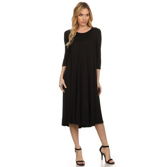 Women's Comfortable 3/4 Sleeve Midi Dress – Solid A-Line Casual Fit