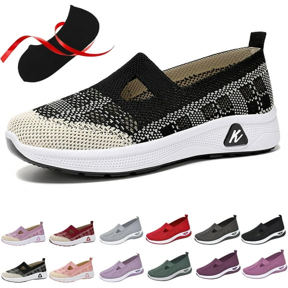 Women's Comfortable Breathable Knitted Sneakers,Women's Cut-Out Sneakers, Lightweight Outdoor Casual Orthopedic Breathable Soft Slip On Flat Shoes