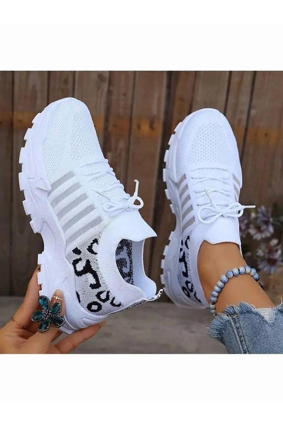 Women's Comfortable Breathable Mesh Leopard Print Lace-Up Running Sneakers