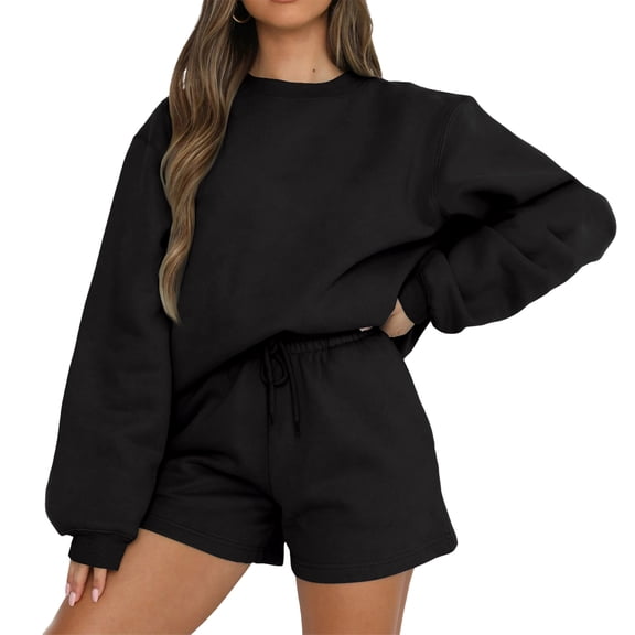 Women's Comfortable Casual Fashionable Solid Color Round Neck Sweatshirt and Shorts Two-Piece Set, Perfect for Lounge Wear and Sportswear Activities, Relaxed Fit,Black,S