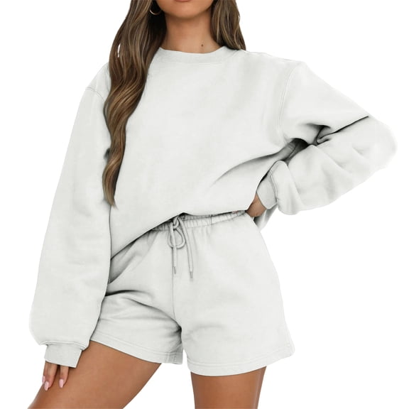 Women's Comfortable Casual Fashionable Solid Color Round Neck Sweatshirt and Shorts Two-Piece Set, Perfect for Lounge Wear and Sportswear Activities, Relaxed Fit,Light Gray,S