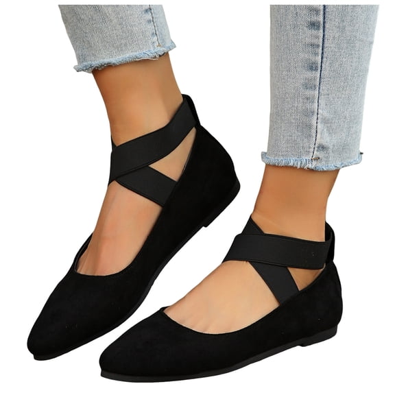 Women's Comfortable Fashion Ballet Flats Shoes with Elastic Ankle Straps Lightweight Knit Slip On Loafers Black Size 9