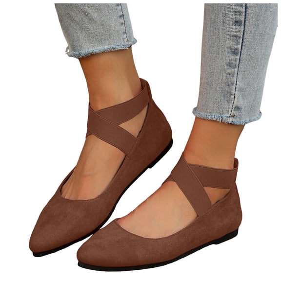 Women's Comfortable Fashion Ballet Flats Shoes with Elastic Ankle Straps Lightweight Knit Slip On Loafers Brown Size 9
