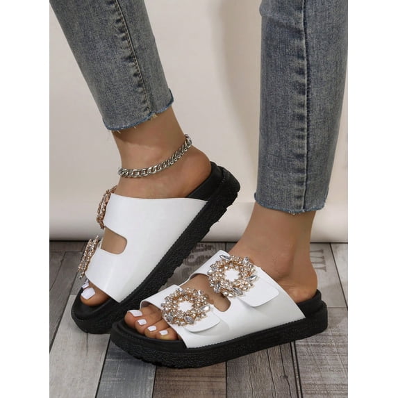 Women‘s Comfortable Fashionable Round Toe Black Sandals With Double Buckle Double Layered Thick Platform And Wedge Heel Open Toe