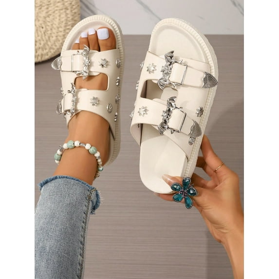 Women‘s Comfortable Fashionable Round Toe Black Sandals With Double Buckle Double Layered Thick Platform And Wedge Heel Open Toe