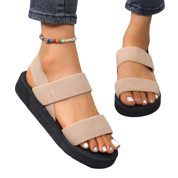Women's Comfortable Flat Sandals, Elastic Band Open Toe Summer Shoes, Non-Slip Soft Sole Beach Walking Slides, Adjustable Stretchy Straps for Travel Vacation, Lightweight Breathable Casual Footwear