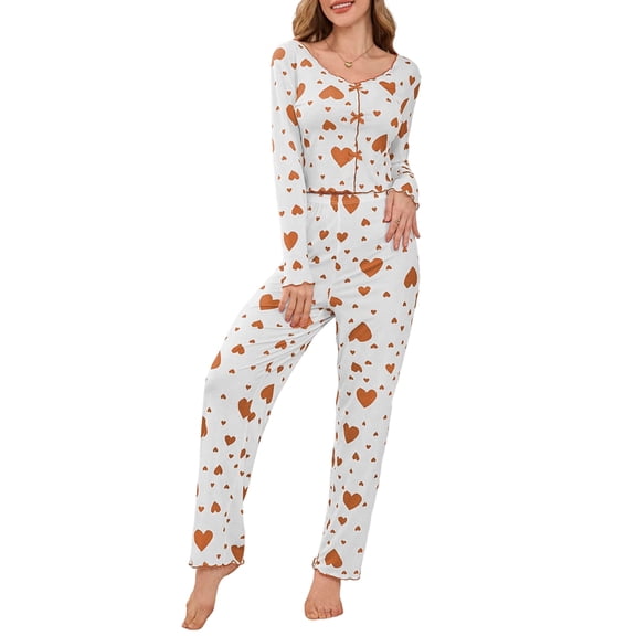 Women's Comfortable Heart Print Long Sleeve Long Pants Pajama Set - Loungewear - Orange Size S