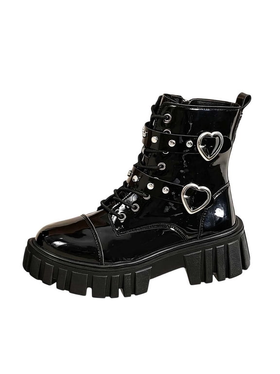 Women's Comfortable Lace Up Combat Ankle Boots, Chunky Platform Heel Punk Short Booties with Side Zipper and Rugged Lug Sole, Ideal for Casual Workdays, City Walks and Fall Outfits