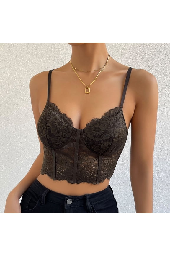 Women's Comfortable Lace Low Cut Open Back Steel Ring Spicy Girl Bra, L, Coffee