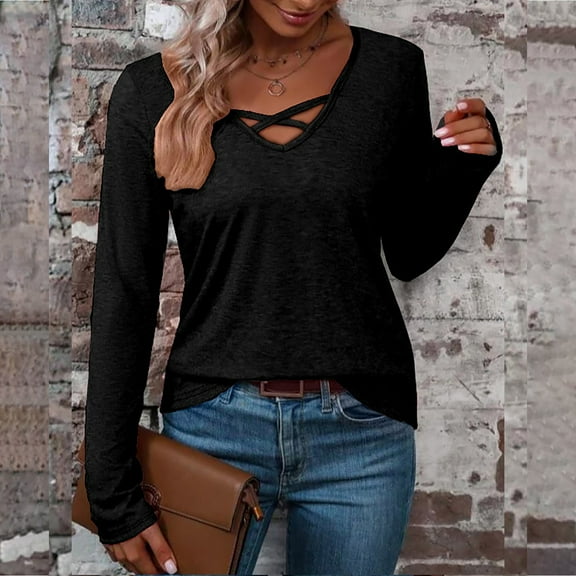 Women's Comfortable Long Sleeve Top V-Neck Loose Fit Casual Fall Blouse for Everyday