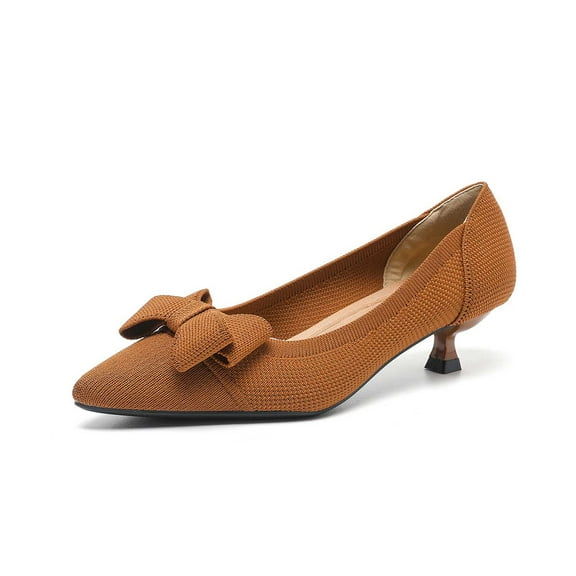 Xiaoxatg Women's Comfortable Low Heel Bowknot Mesh Knit Fashionable Pointed Toe Dress Shoes for Casual Everyday Wear 8 Brown