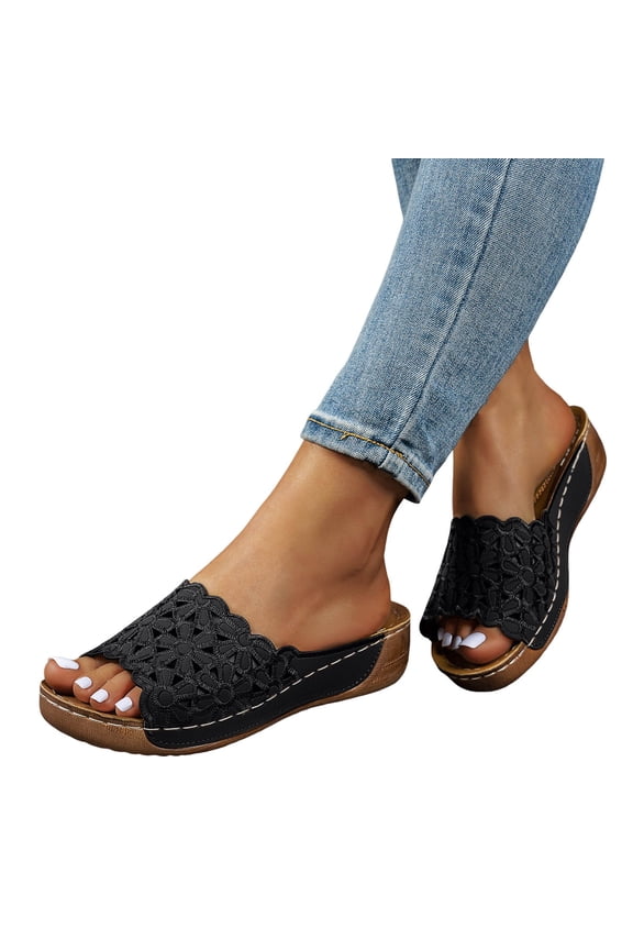 Women's Comfortable Low Wedge Sandals for Beach Platform Open Toe Summer Slide Dressy Shoes with Arch Support Black Size 9
