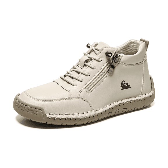 Women’s Comfortable Mid-Top Casual Shoes with Side Zipper, Easy On and Off, Lace-Up Support, Anti-Slip Rubber Sole, Hand-Stitched Construction