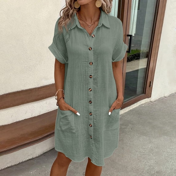 Women's Comfortable New Casual Solid Color Button Mid Length Short Sleeve Loose Shirt Casual Dress Teenager Casual Dresses Dresses for Young Women Shirt Dress Chiffon Summer Dress Midi for Women