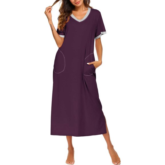 Women's Comfortable Nightshirt Short Sleeve Nightgown V-Neck Sleepwear Pajama Dress